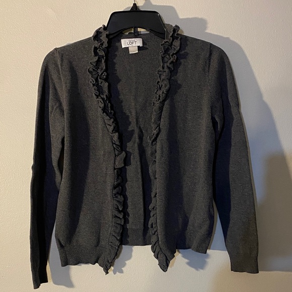 LOFT Sweaters - LOFT Charcoal Ruffle-Trim Open Cardigan